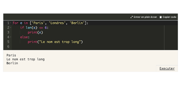 Vue d'un code qui s'execute directement depuis la plateforme sur Rbean LMS